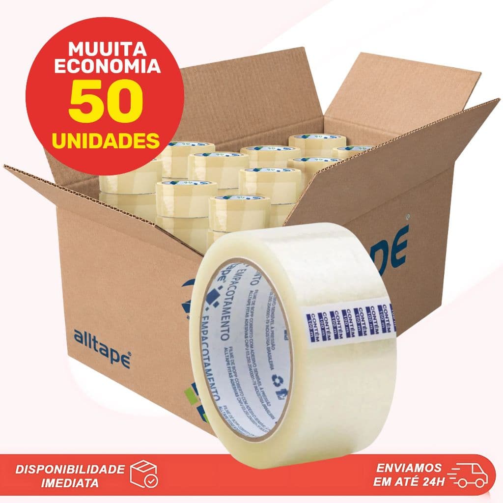 Caixa 50 Fitas Adesivas Transparente Larga Para Empacotamento p/ Mudança 2000 metros Alltape