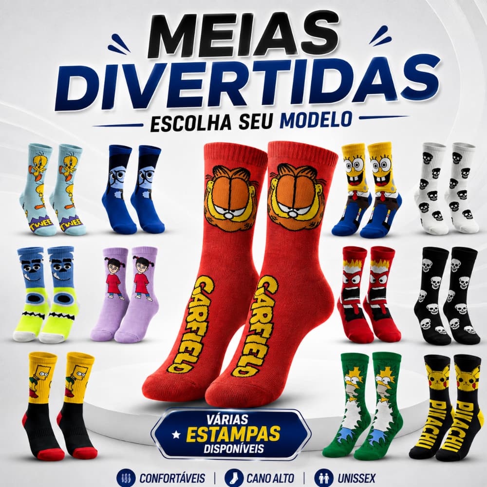 Meia Divertida de Personagem Cano Alto Unissex Estampas Exclusivas Algodão Confortável Envio Imediato Geek/ Nerd/ Gamer