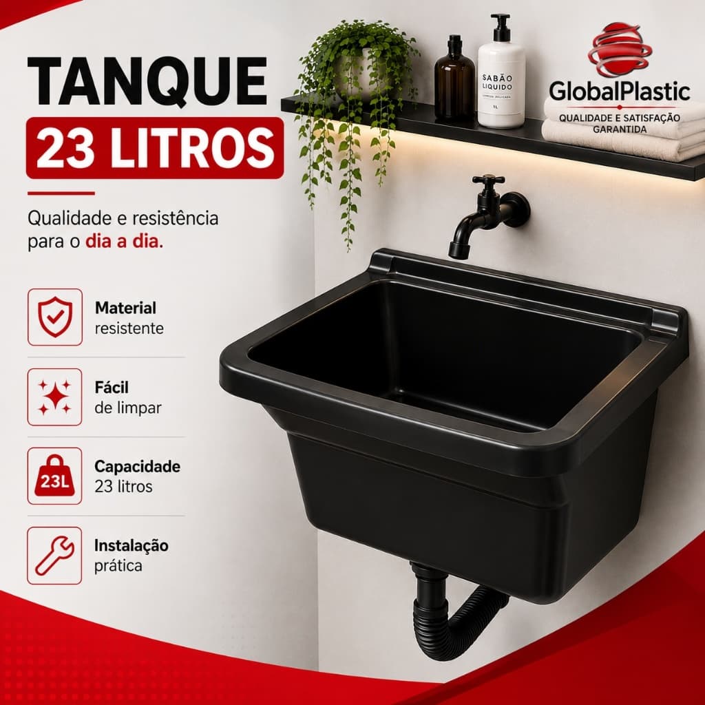 Tanque Plástico 23 Litros Lavar Roupas Lavanderia com Torneira Válvula Acoplada Sifão e Bucha Parafuso
