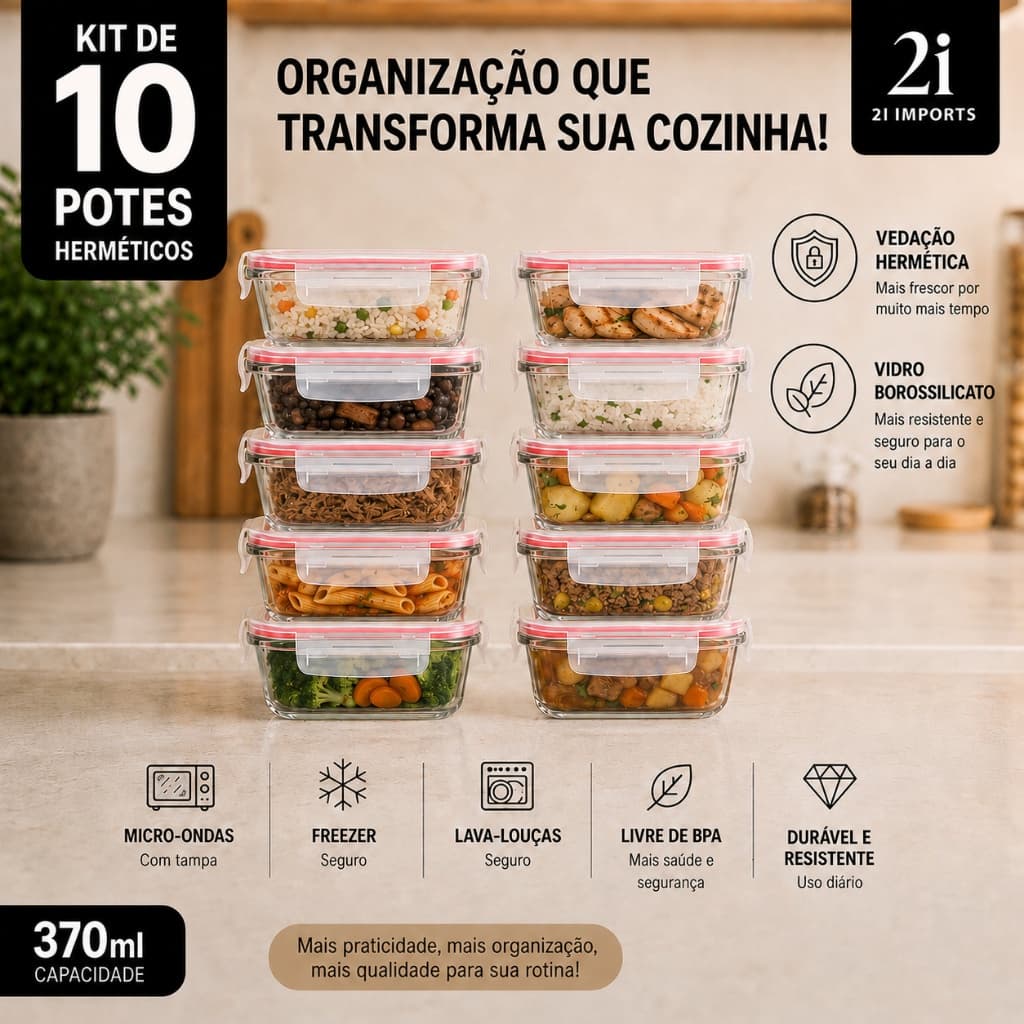 10 Potes Herméticos 370ml Vidro Borossilicato Cozinha Design Empilhável Organizador Mantimentos
