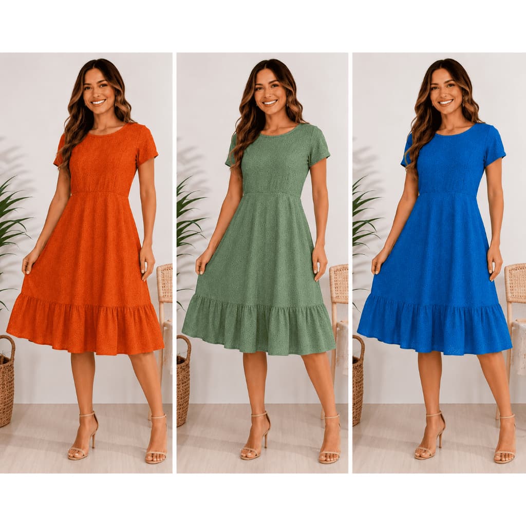 Vestido Midi Feminino Viscose Manga Curta Evasê Babado Casual