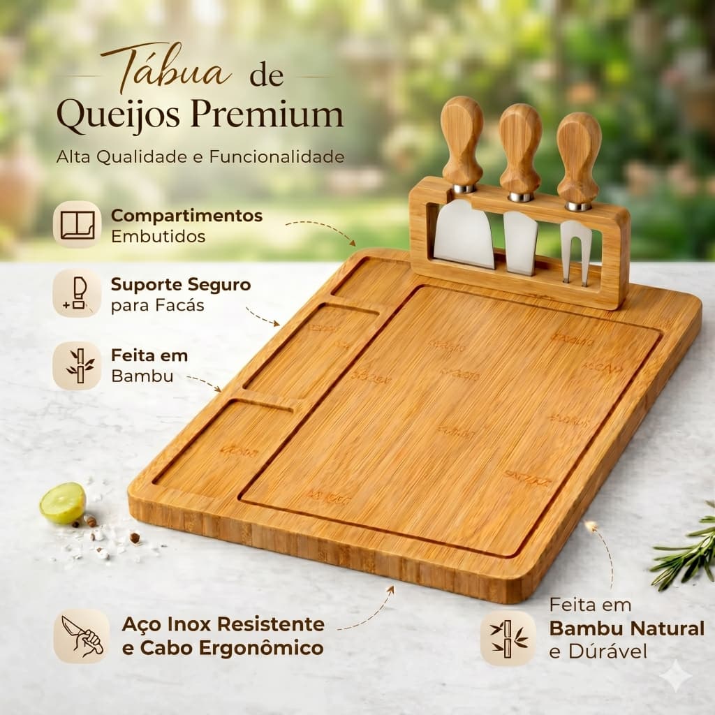 Tábua de Frios em Bambu Grande Petisqueira com  Espátulas para Queijos Aperitivos Petiscos Kit Presente Cozinha Madeira