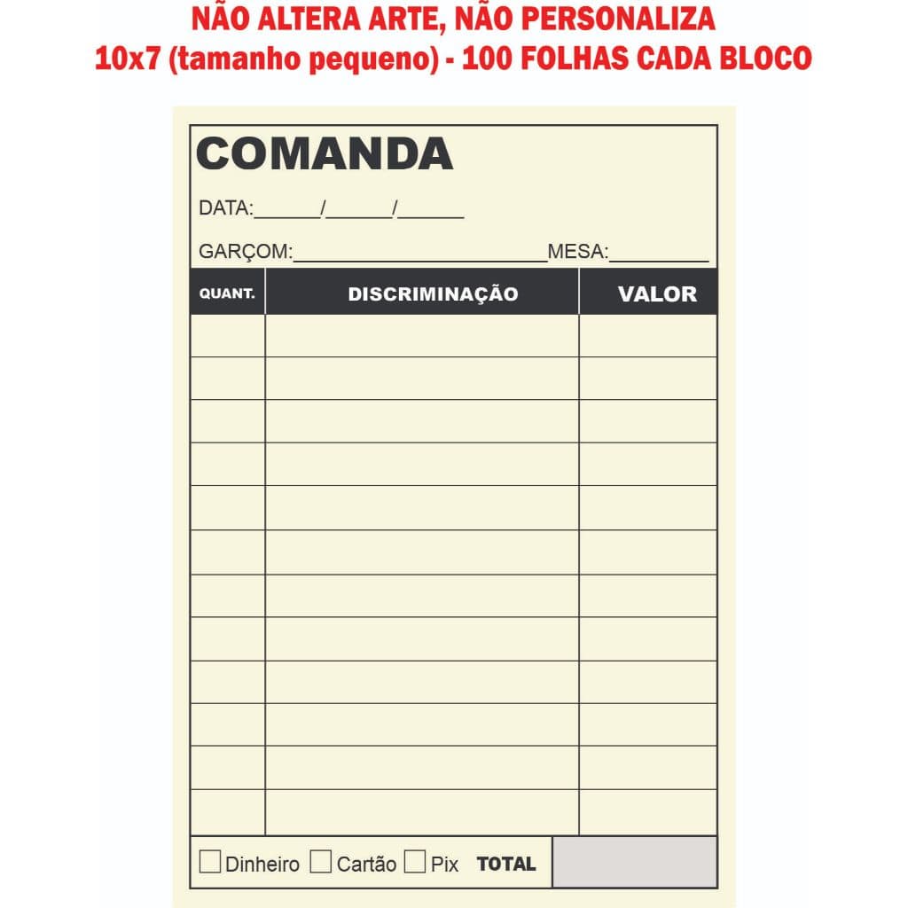 5 Comanda 10x7 Padrão blocos 100 folhas Lanchonete, Bar, Restaurante Papelaria Anotações