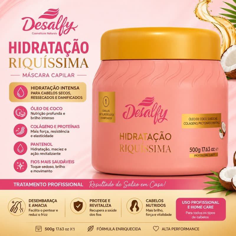 Máscara Capilar Desalfy Hidratação Riquíssima 500g Óleo de Coco Colágeno D-Pantenol