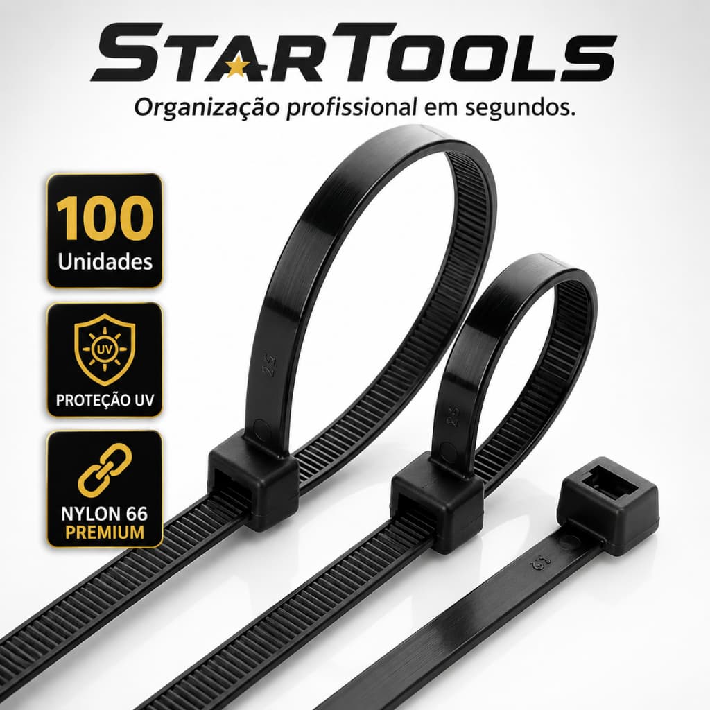 Kit 100 Abraçadeiras de Nylon / Cinta Plástica 20cm x 3,6mm Preta StarTools Nylon 66 com Proteção UV Alta Resistência