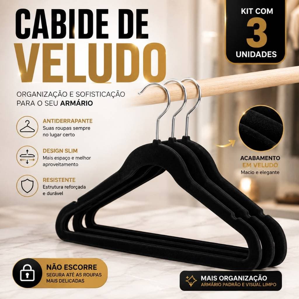 Cabide de Veludo Antiderrapante Preto Kit 3 Unidades