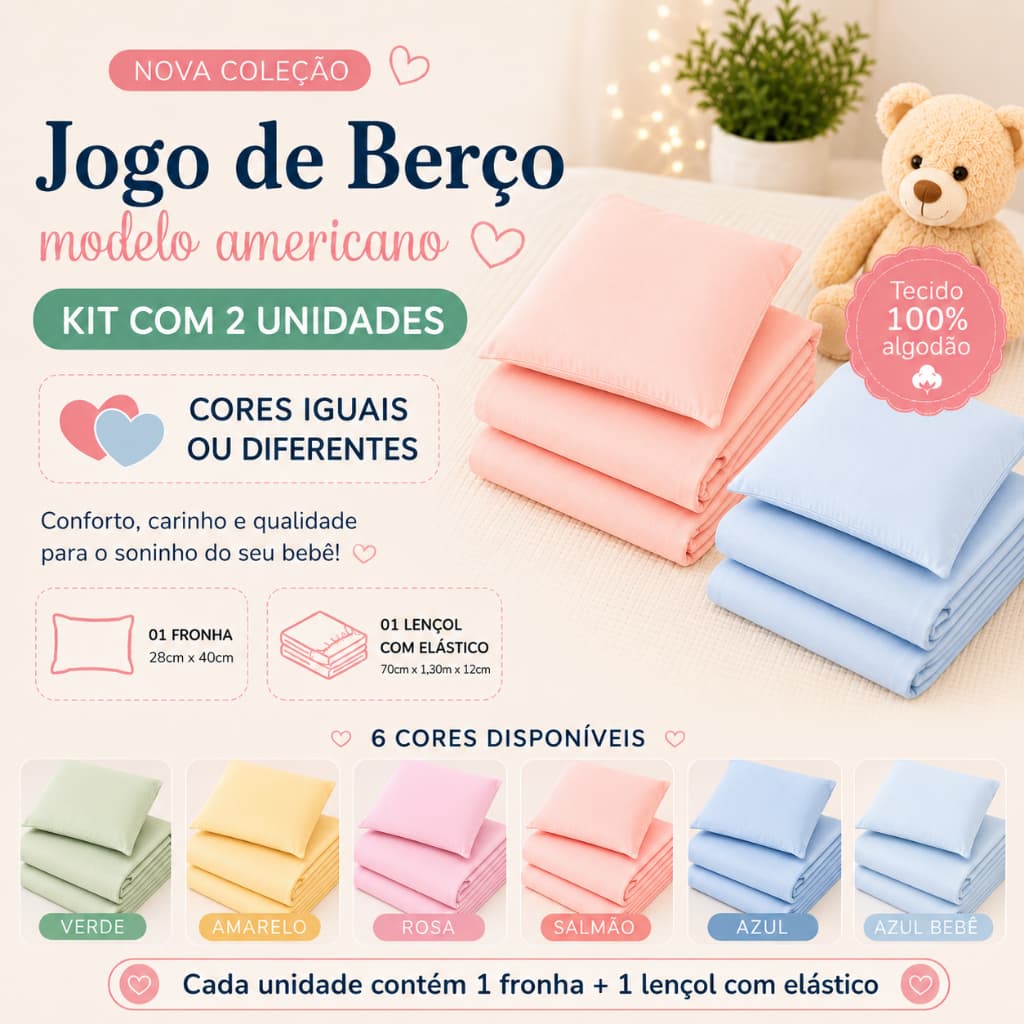 Kit com 2 Jogos de Berço - 2 Fronhas + 2 Lençóis c/ Elástico - 100% Algodão
