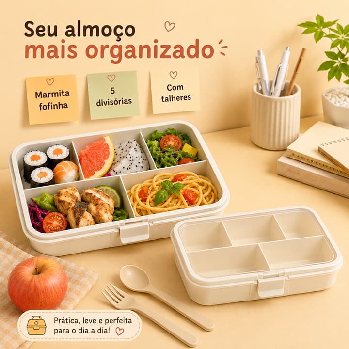Lancheira Marmita com 5 Compartimentos e Divisórias, Capacidade de 1200ml com Talheres Inclusos, Disponível em 3 Cores!