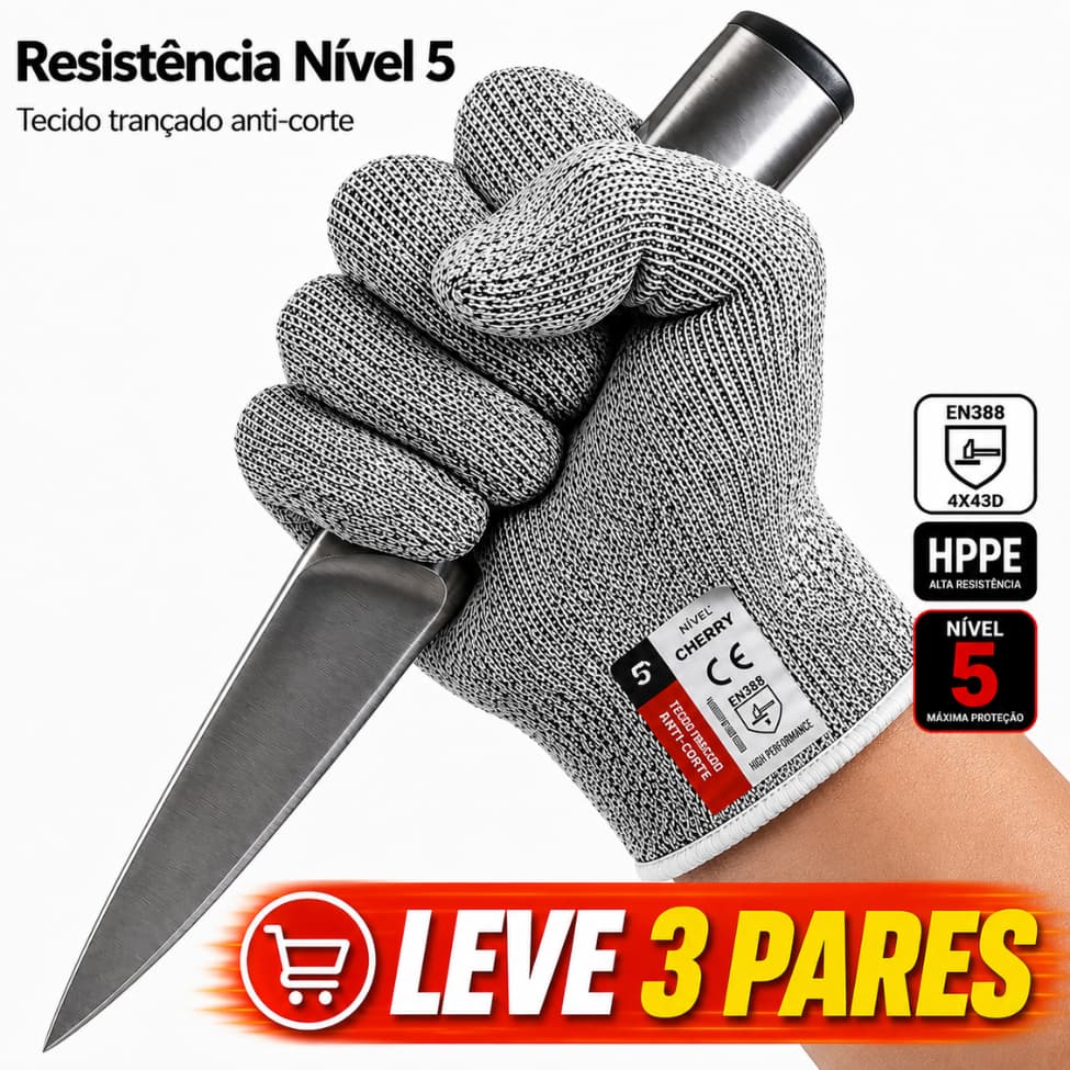 Luva de Proteção Anticorte Cherry HPPE Nível 5 EN388 Para Cozinha Açougue Jardinagem e Trabalho