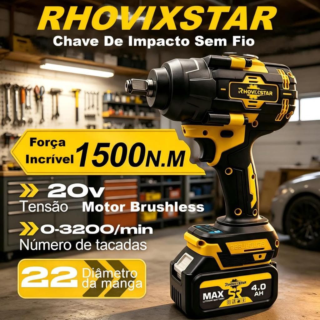 Chave De Impacto Sem Fio,20V,1500NM,Motor Brushless,Acompanha 2 Baterias De 4AH,Vem Com 6 Soquetes e Uma Caixa Portátil