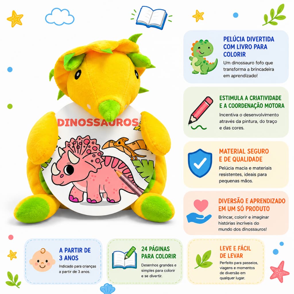 Livro Infantil Colorindo com Pelúcia Dinossauro Happy Books Livro de Colorir Educativo Criativo +3 Anos