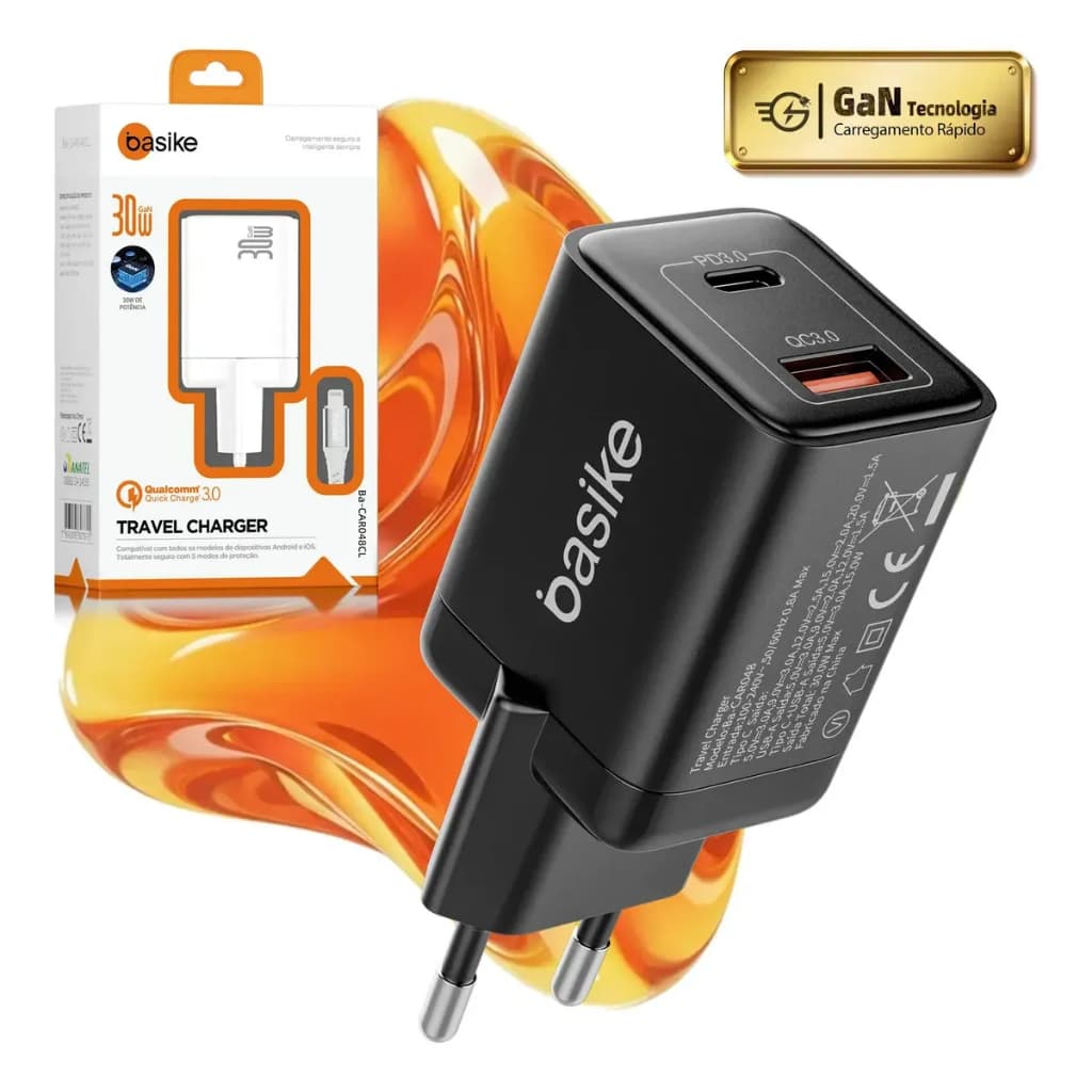 Basike 30W GaN Carregador Fonte Adaptador Celular PD3.0 USB-C + QC3.0 USB-A Turbo Rápido Para Apple iPhone Samsung