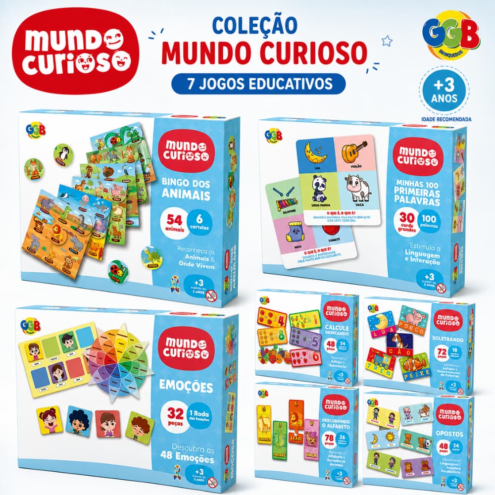 Coleção Jogos Educativos Mundo Curioso GGB Brinquedos | Escolha o Modelo | Alfabeto, Soletrando, Emoções, Opostos, Bingo