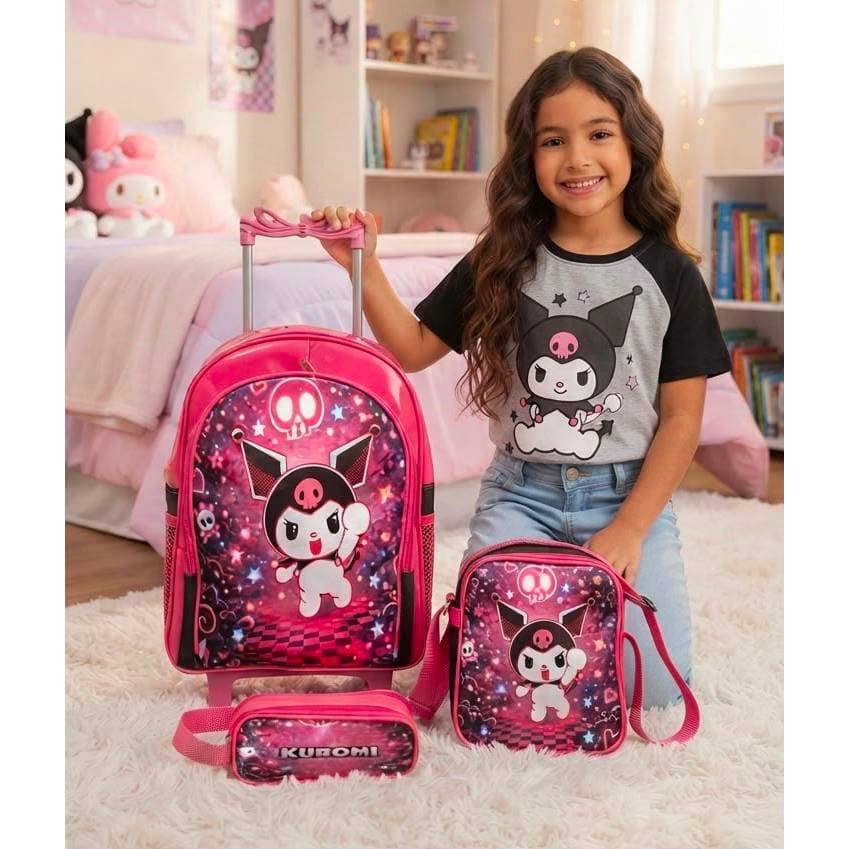 Mochila Kumori Rodinhas Lancheira Estojo Kit