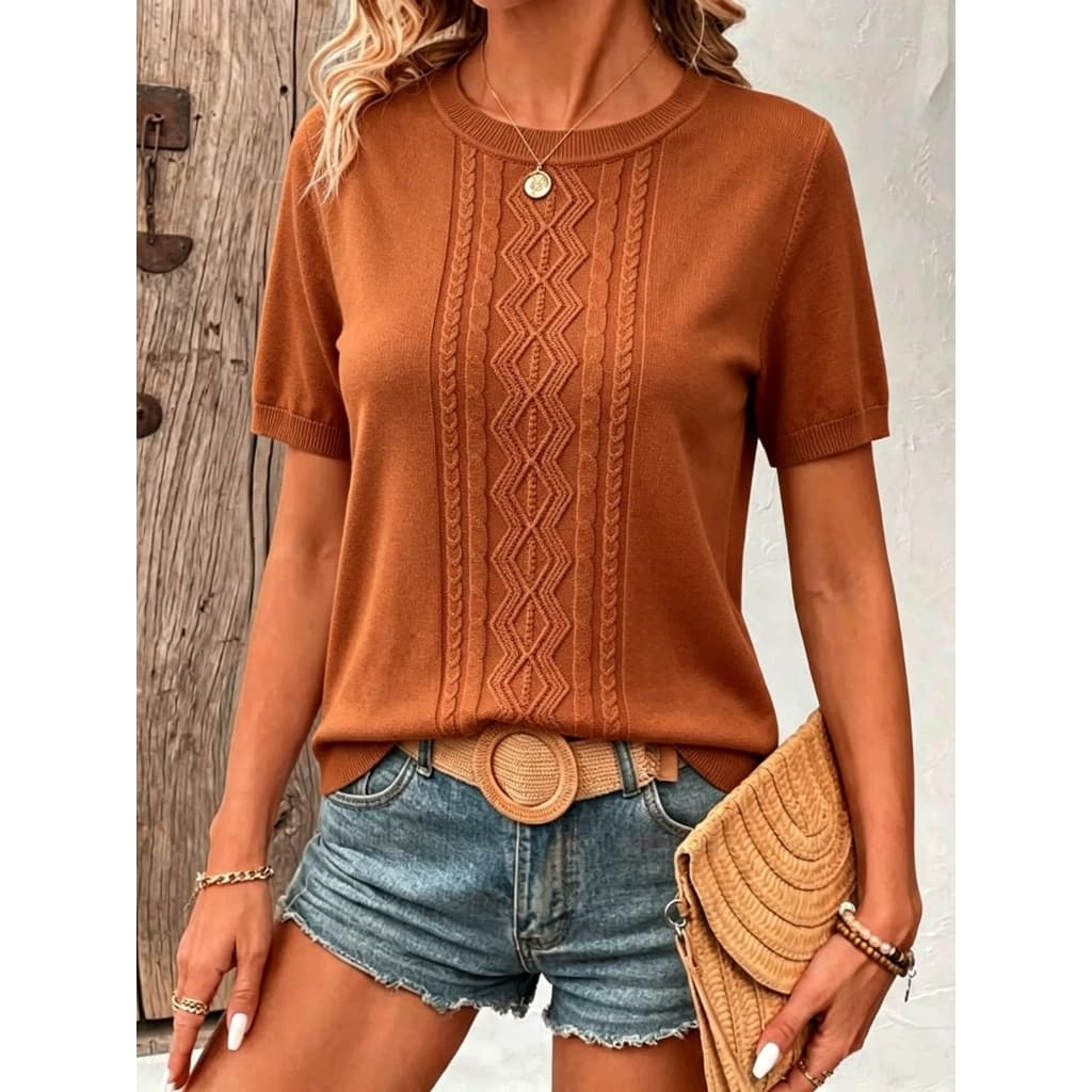 Liu Fashion Shein Blusa Manga Curta Elegante Impressão Listrada Detalhes Camisa Canelada Tecido Frio Esfriar Casual Gola