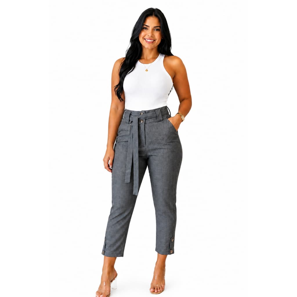 Calça Feminina de Linho Cintura Alta com Faixa Social Elegante Confortável Cinza