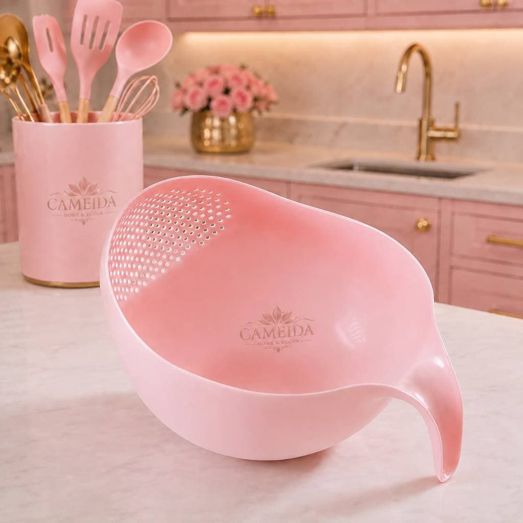 Escorredor Rosa / Tigela Plástica Com Alça E Bico Dosador Lava Arroz- Frutas E Legumes
