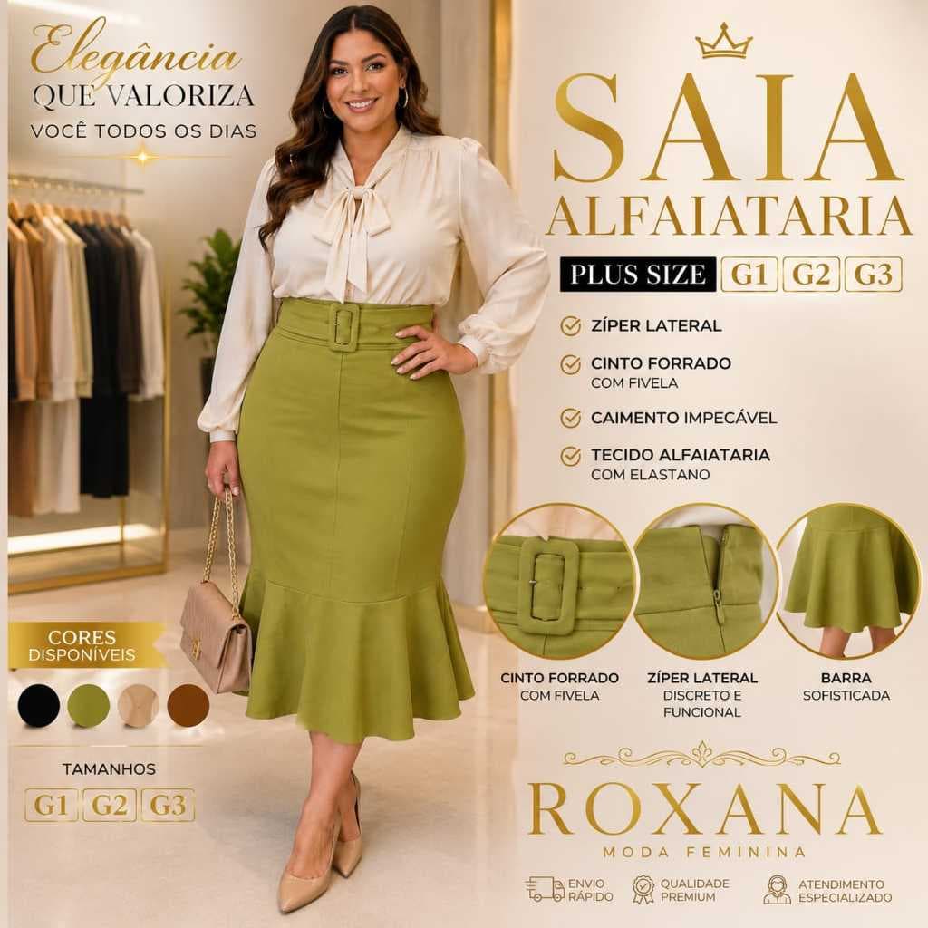 Saia Midi Plus Size Feminina Alfaiataria Elegante Moda Evangélica REF 0039