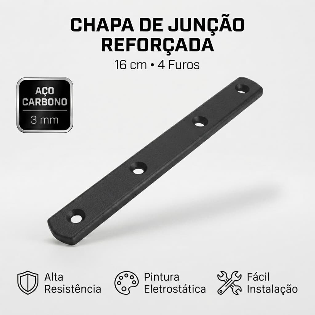 Chapa de Junção Reforçada 16cm Aço Carbono 3mm Barra de União para Madeira Móveis MDF