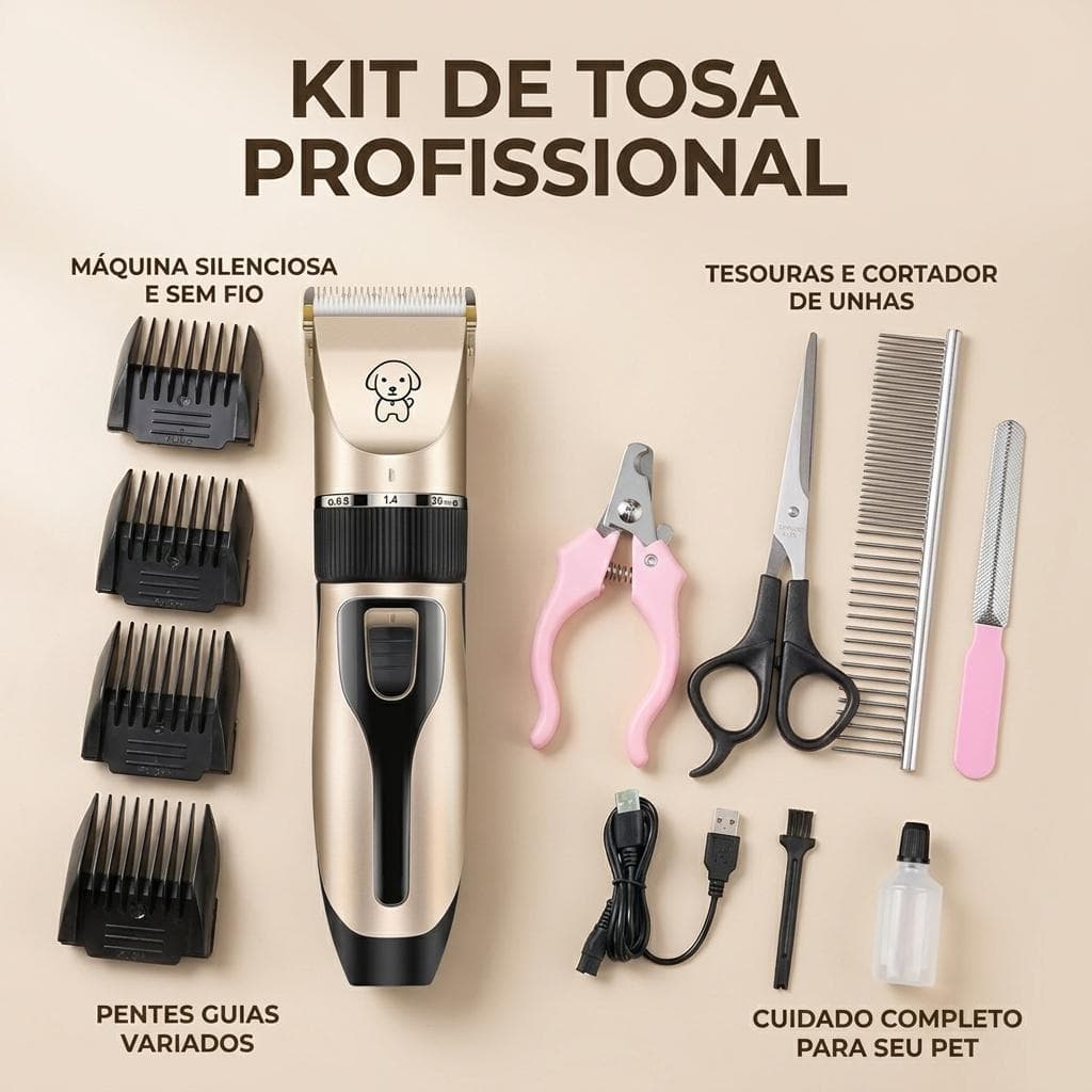Kit Máquina de Tosa Pet Profissional Silenciosa Sem Fio 12 Peças