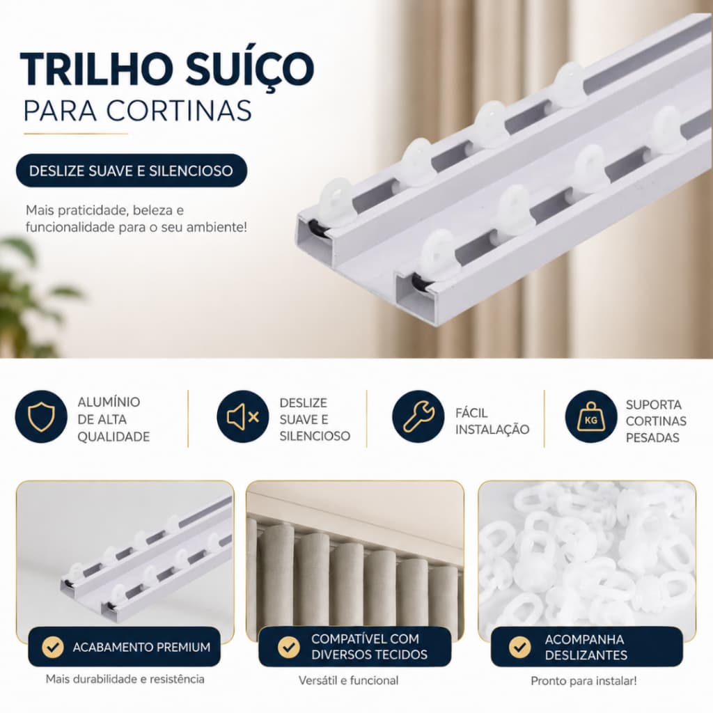Trilho Suíço Duplo Max Guia Para Cortina Blackout Teto Cortineiro Deslizantes e Terminais (Escolha o Tamanho)