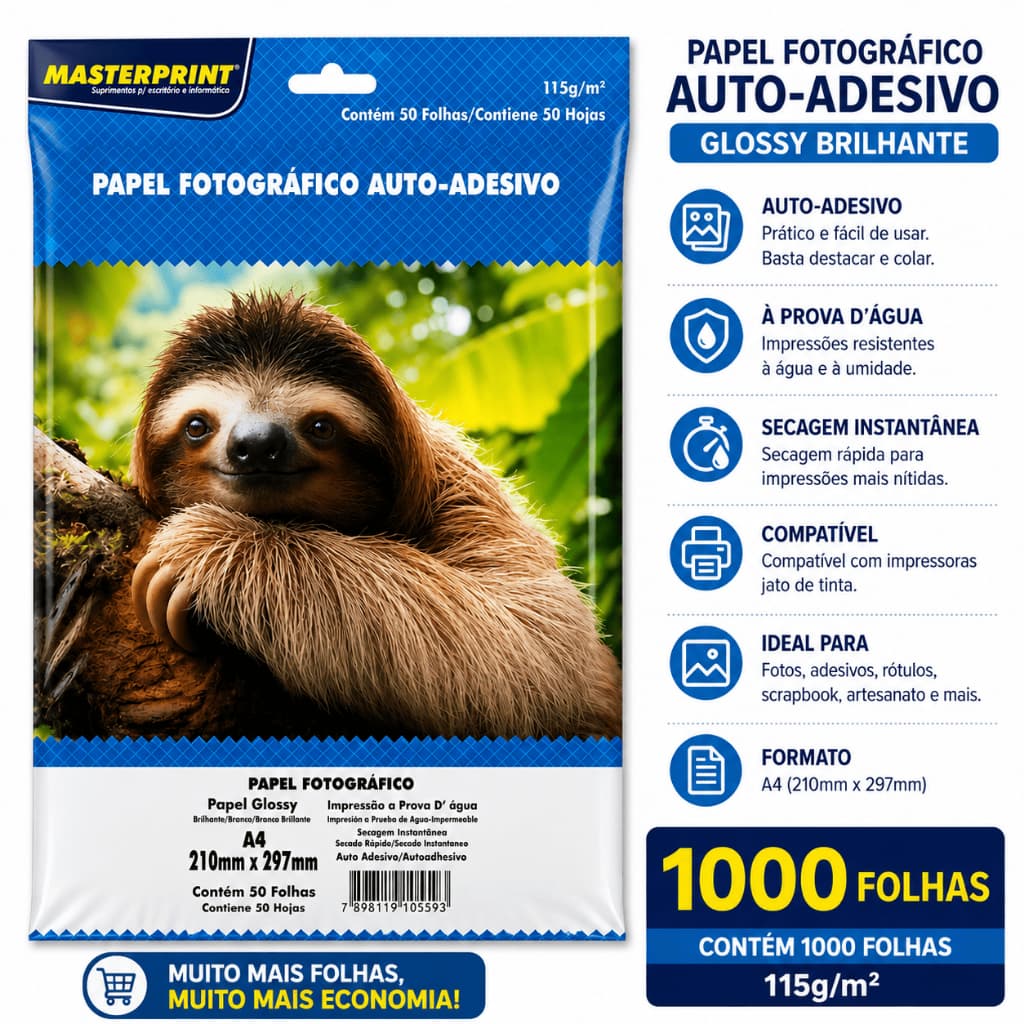 Papel Fotográfico Adesivo A4 115g Glossy Brilhante 1000 Folhas Masterprint Inkjet