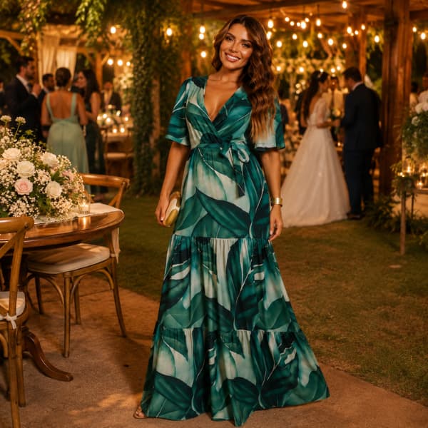 Vestido Longo Festa Elegante Feminino Estampado – Decote Transpassado, Manga Soltinha, Faixa na Cintura e Tecido Leve