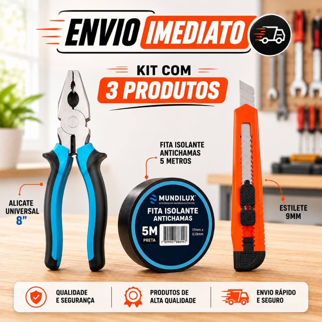 Kit Ferramentas 3 Peças | Alicate Universal 8" + Estilete 9mm + Fita Isolante 5m Antichamas