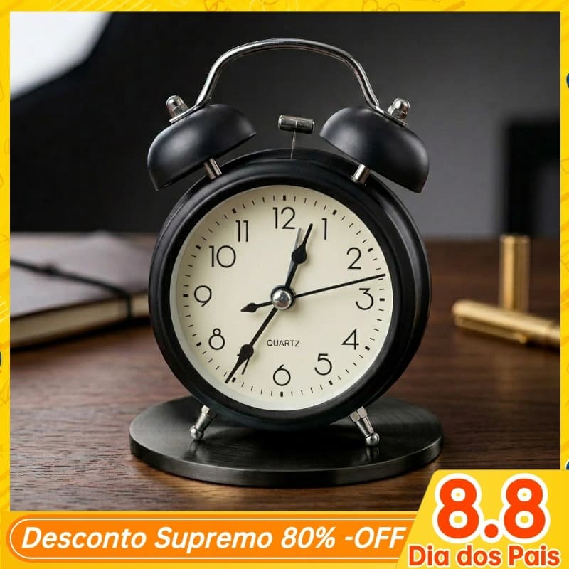 Relógio Despertador Analógico Vintage Silencioso com Sino Duplo Base Antiderrapante Quarto Escritório 634