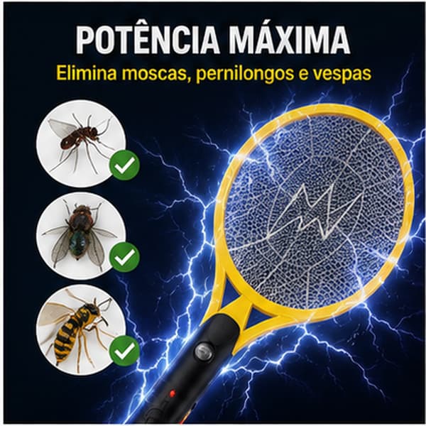 Raquete Elétrica Mata Mosquito Da Dengue Pernilongo Insetos Recarregável Bivolt Choque Fatal Potente Proteção Família