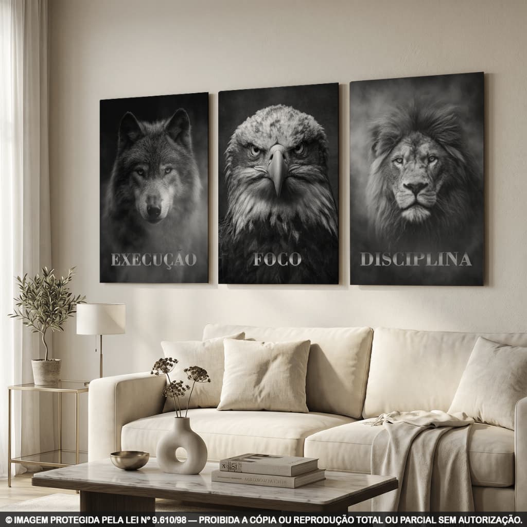 Kit 3 Quadros Decorativos Lobo Águia e Leão – Execução, Foco e Disciplina Preto e Branco para Sala, Escritório, Academia
