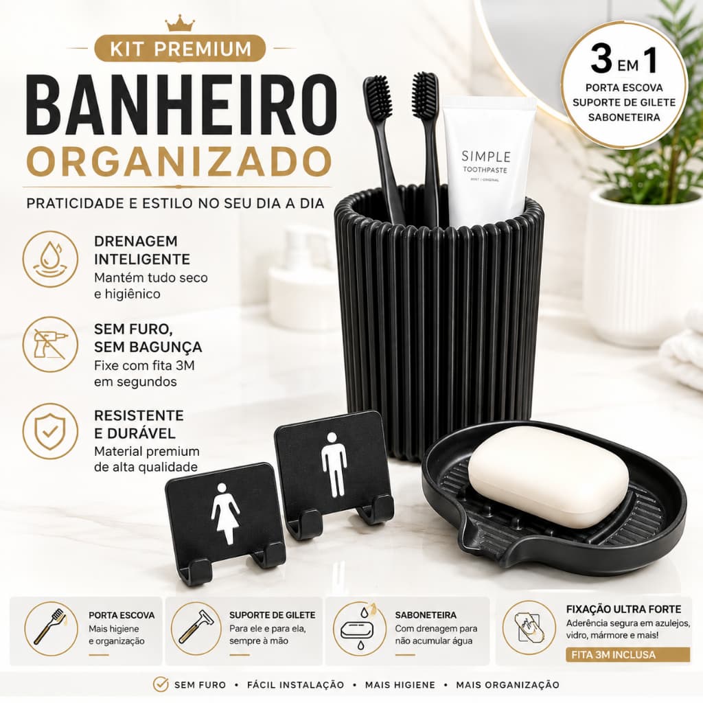 Kit Organizador Banheiro 4 Peças Porta Escova /Saboneteira com Drenagem /Suporte Gilete Ela e Ele Sem Furo