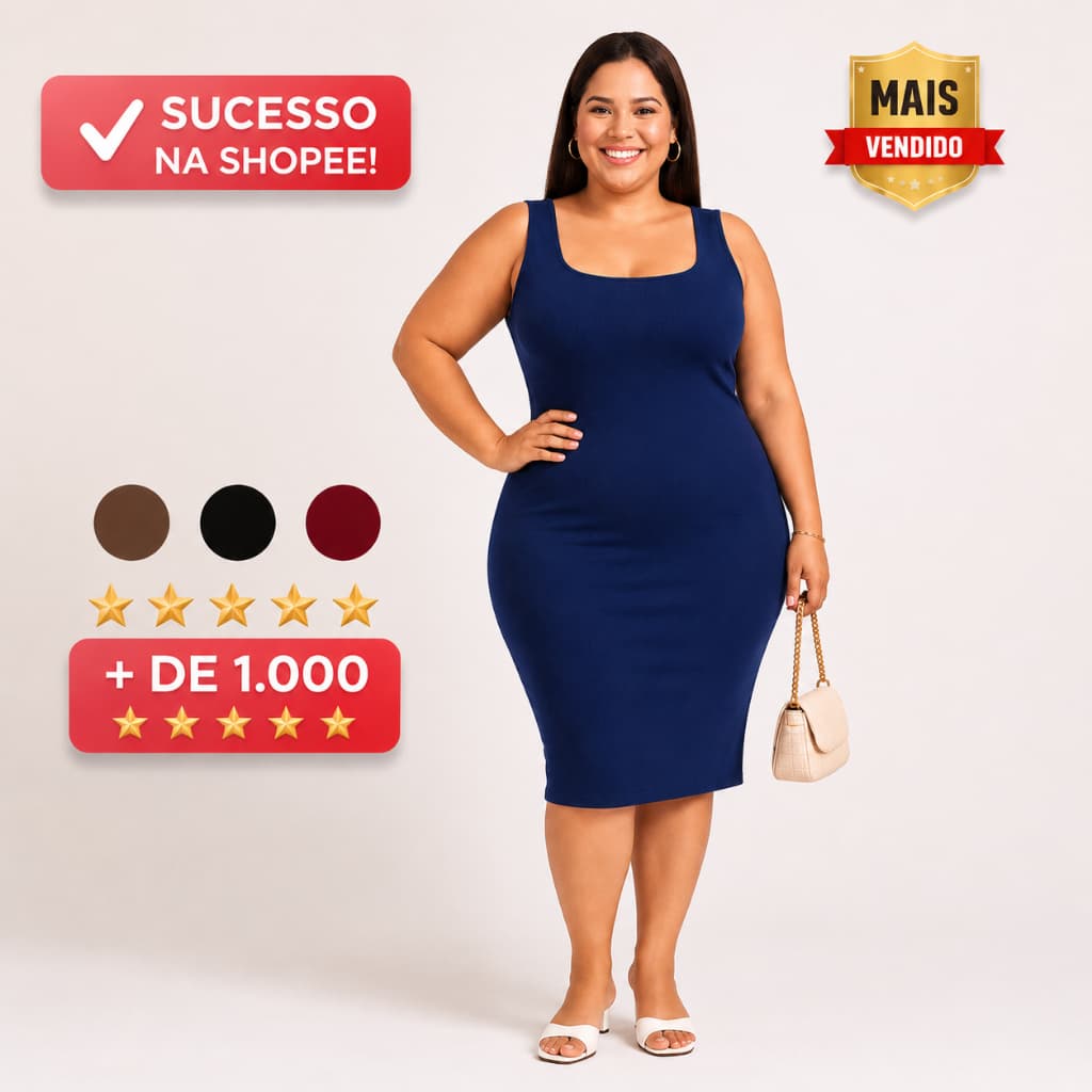 Vestido Feminino Plus Size Midi Alça Regata Modelado Decote Quadrado GG ao G3 Anarruga