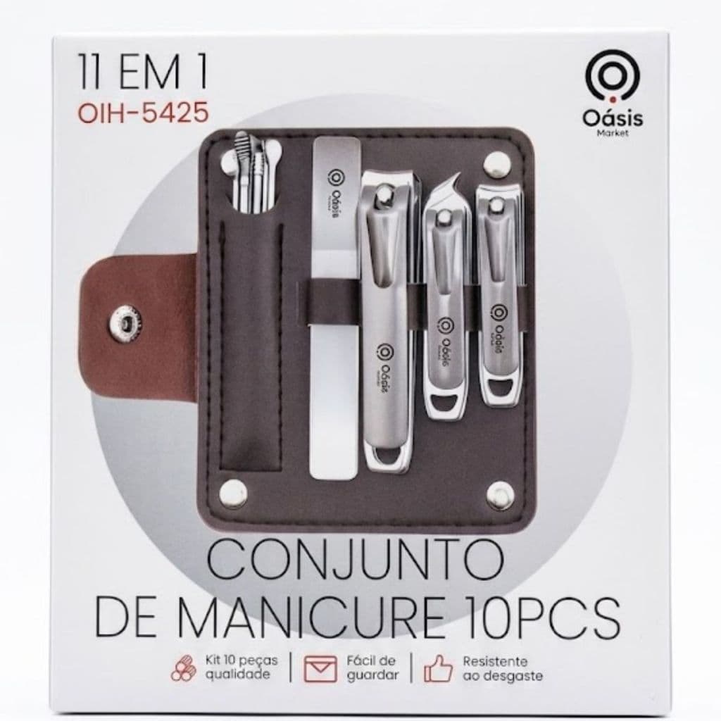 Kit Manicure 10 Peças Profissional com Alicates, Lixa de Vidro e Estojo Portátil