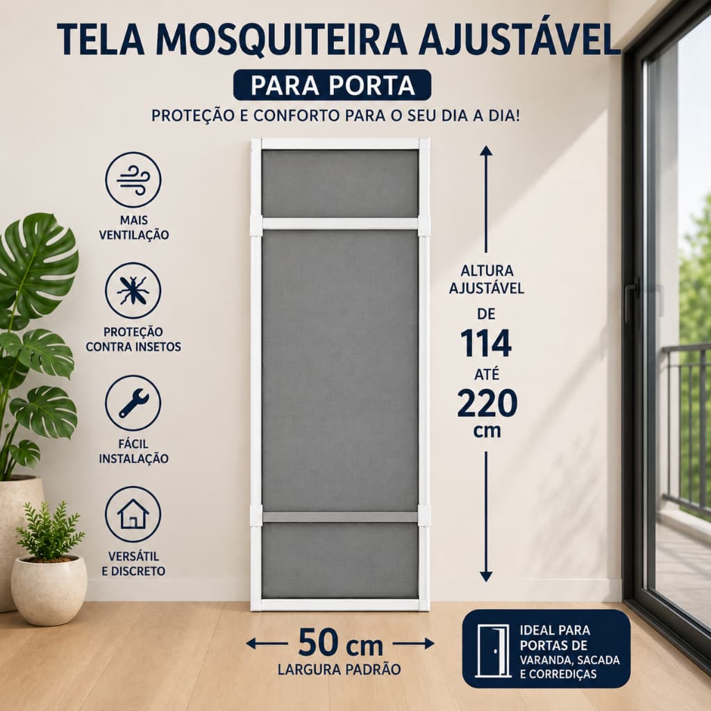 Tela Mosquiteira Regulável para Porta de Correr | Alumínio | Já Montada | Encaixe Fácil | 50x114 até 220cm