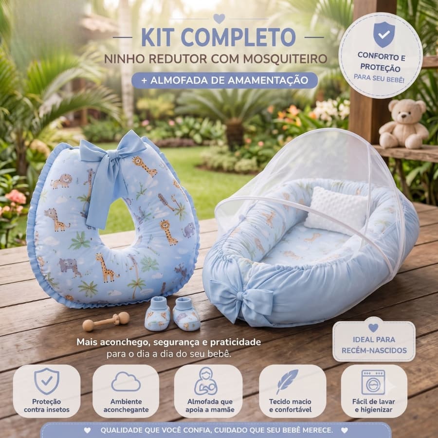 kit Ninho Redutor com Mosquiteiro e Almofada de Amamentação - Safari