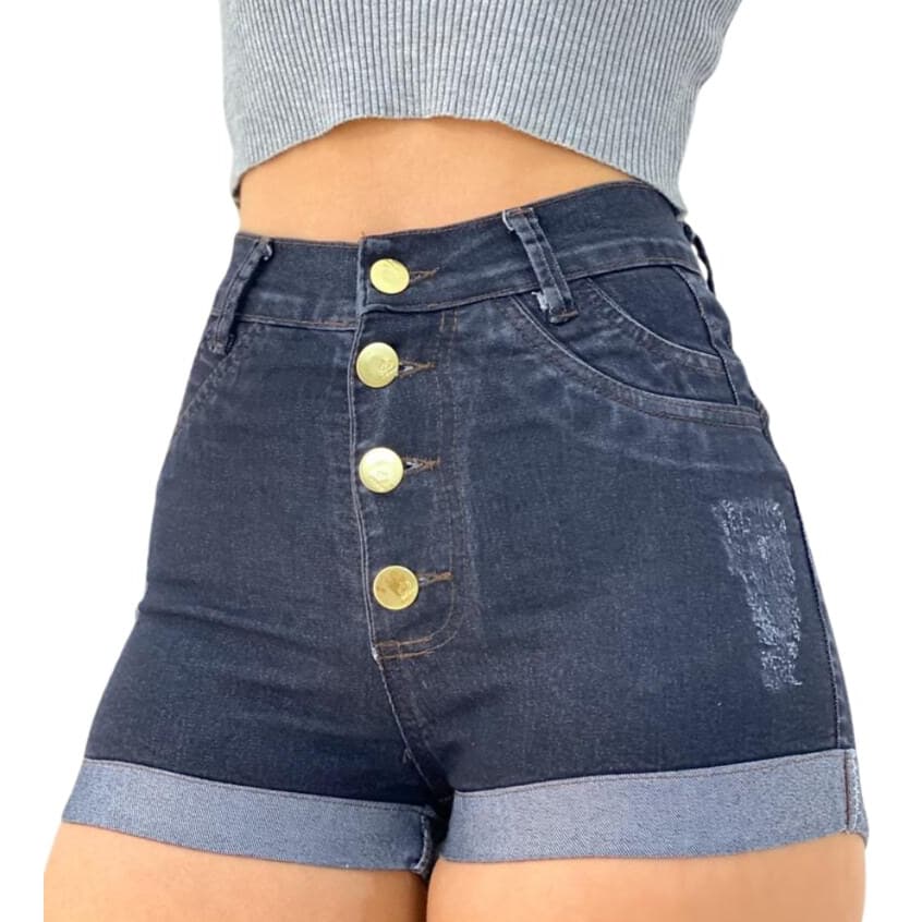 Short Jeans Feminino Slim Com Lycra  Premium  e Quatro Botões  Lavagem Escura - ROSE