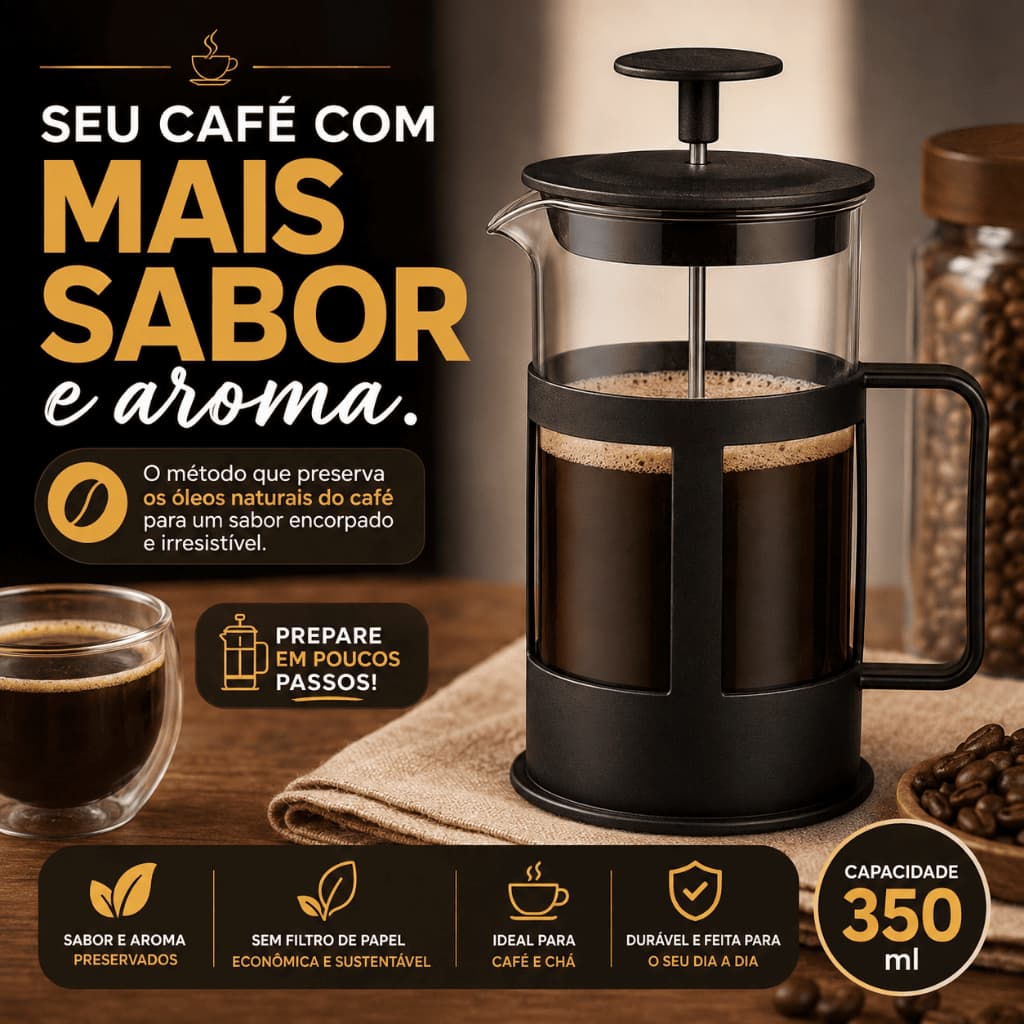 Prensa Francesa 350ml Cafeteira para Café e Chá Vidro Borossilicato Filtro Aço Inox