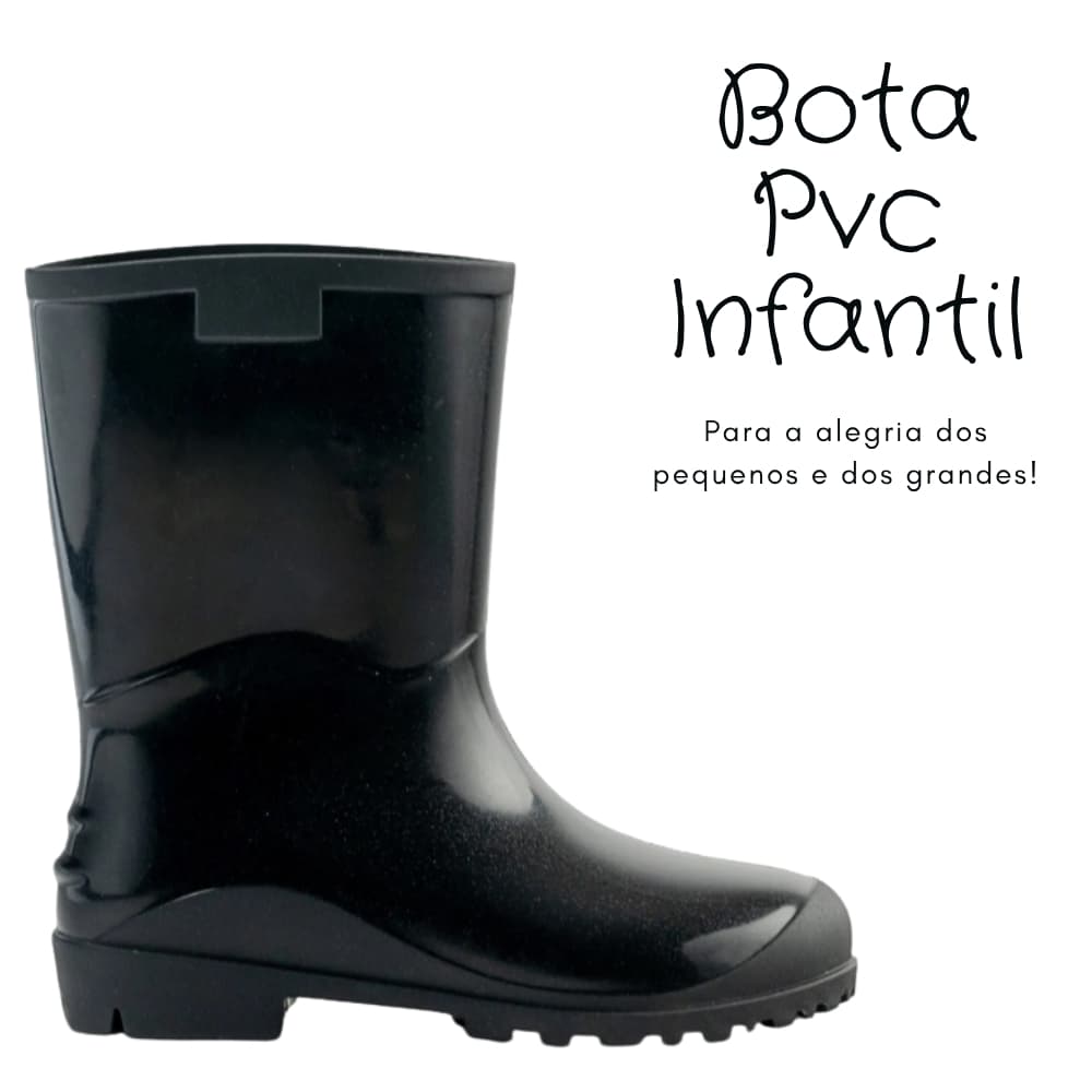 Bota Galocha PVC Infantil Preta Impermeável e Antiderrapente Leve e Confortavél Escola Park Chuva Terra Pesca Passeio