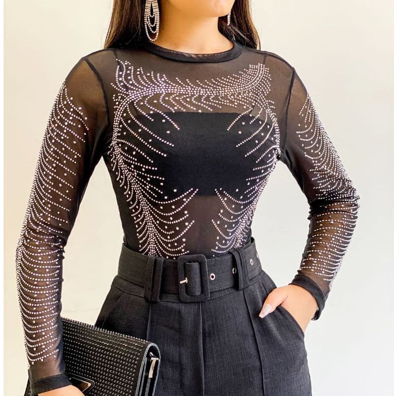 Body Tule feminino com Aplicações de Strass Bori Brilho