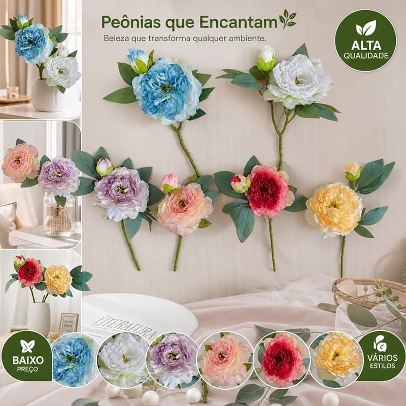 Flor de Peônia Artificial Premium Dupla Cabeça Arranjo Floral Elegante Decoração Interior