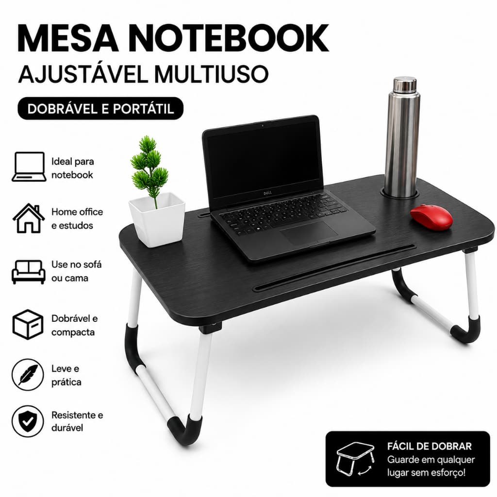 Mesa Notebook Ajustavel Multiuso Dobravel Escritorio Estudo Preta Compacta Portatil