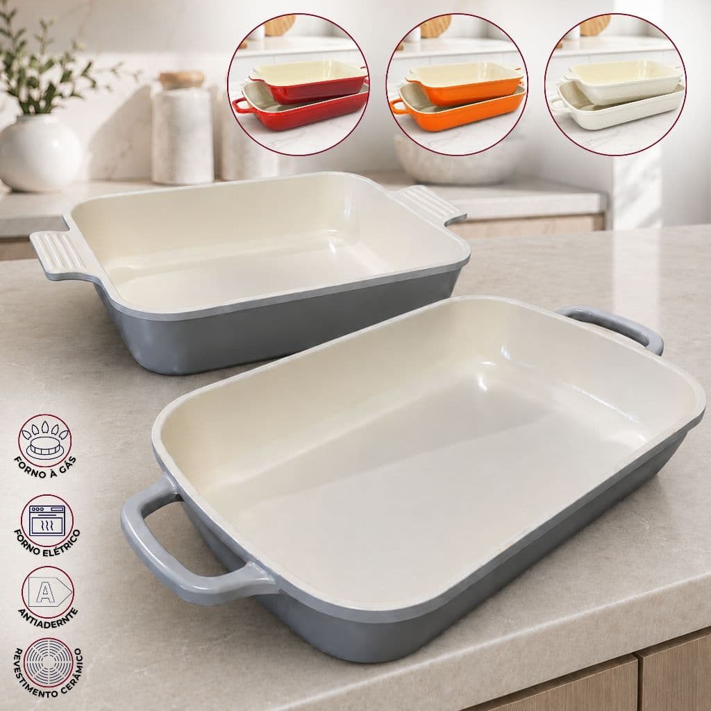 Travessa Com Revestimento Cerâmico Assadeira Antiaderente Retangular 24cm e 32cm