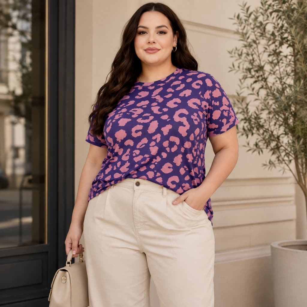 Camiseta Feminina Plus Size Animal Print Onça Viscolycra Manga Curta Gola Redonda Casual Confortável Moda Feminina