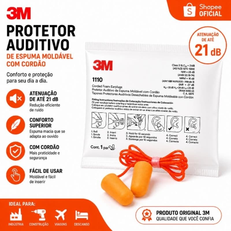 Protetor Auricular Espuma com Cordão 21db
