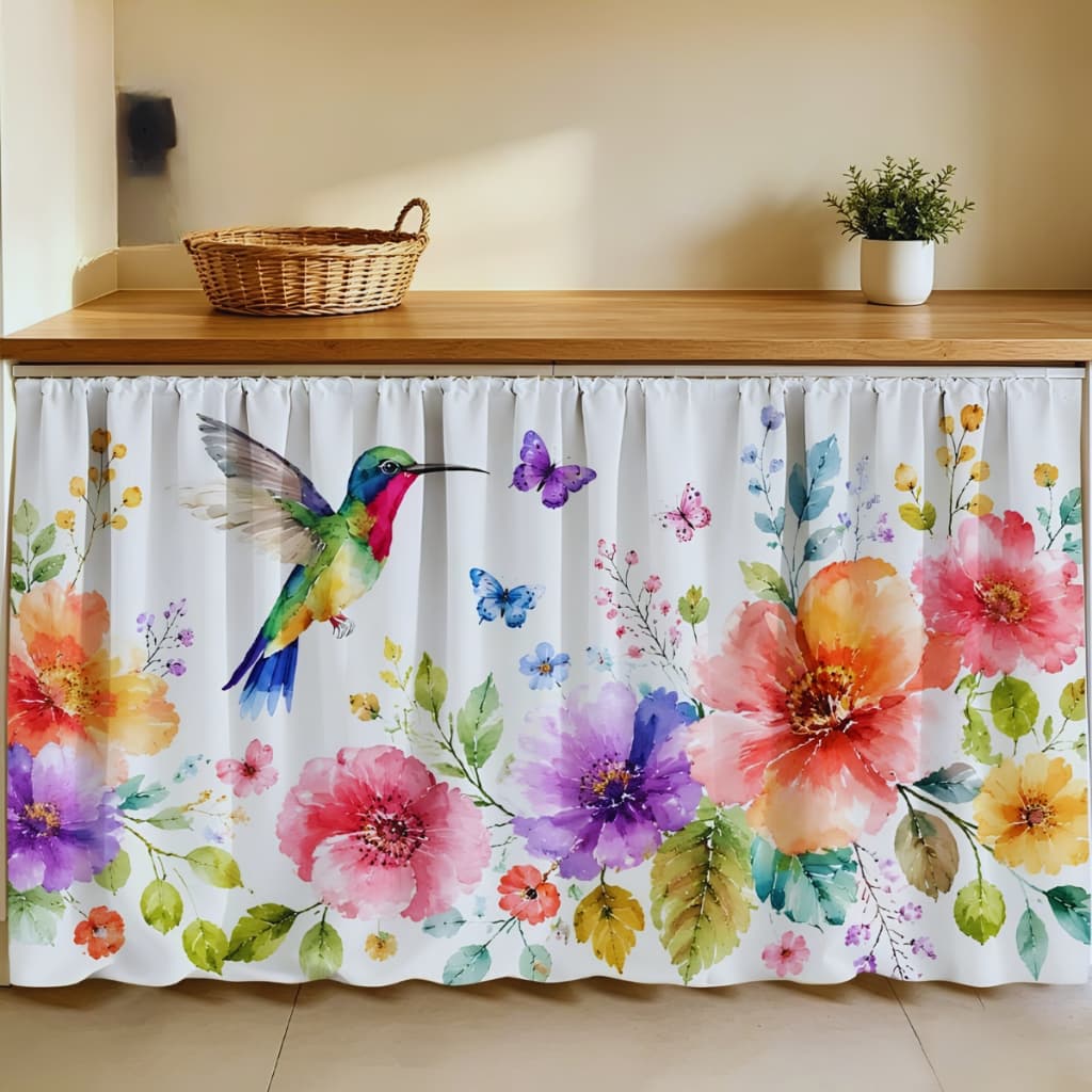 Cortina Pia Cozinha Armário Flores Beija-flor Decoração 140x80cm