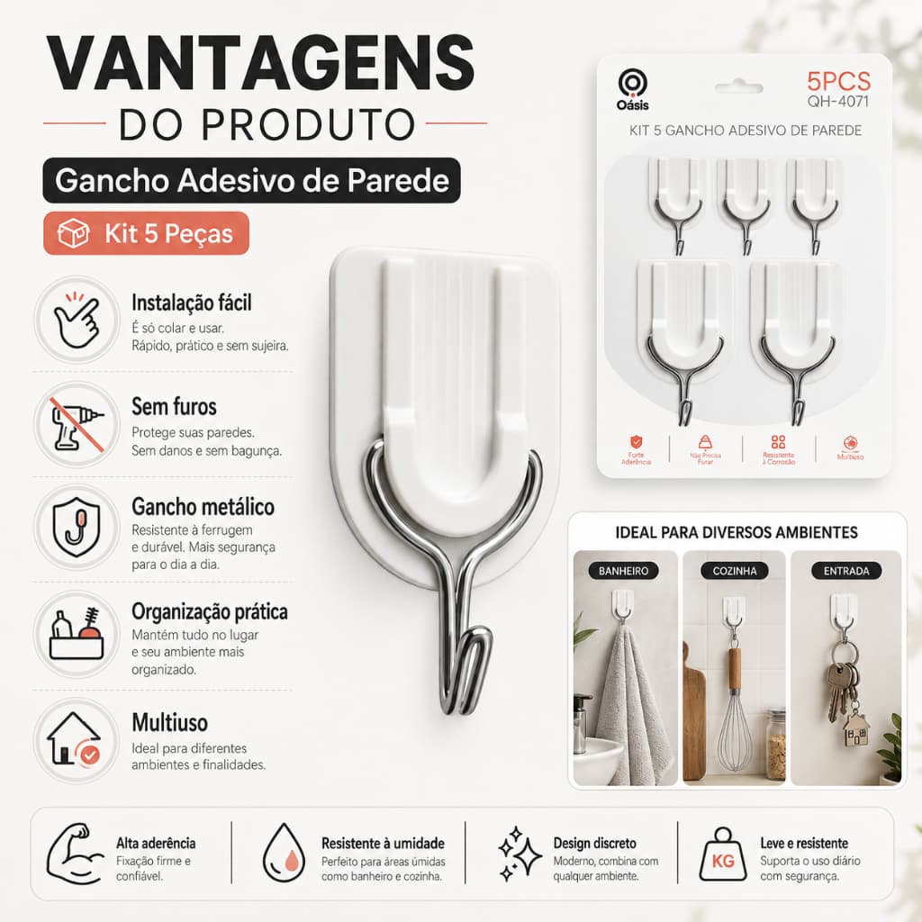 Ganchos Adesivos de Parede Autocolante Sem Furar para Cozinha Banheiro Quarto