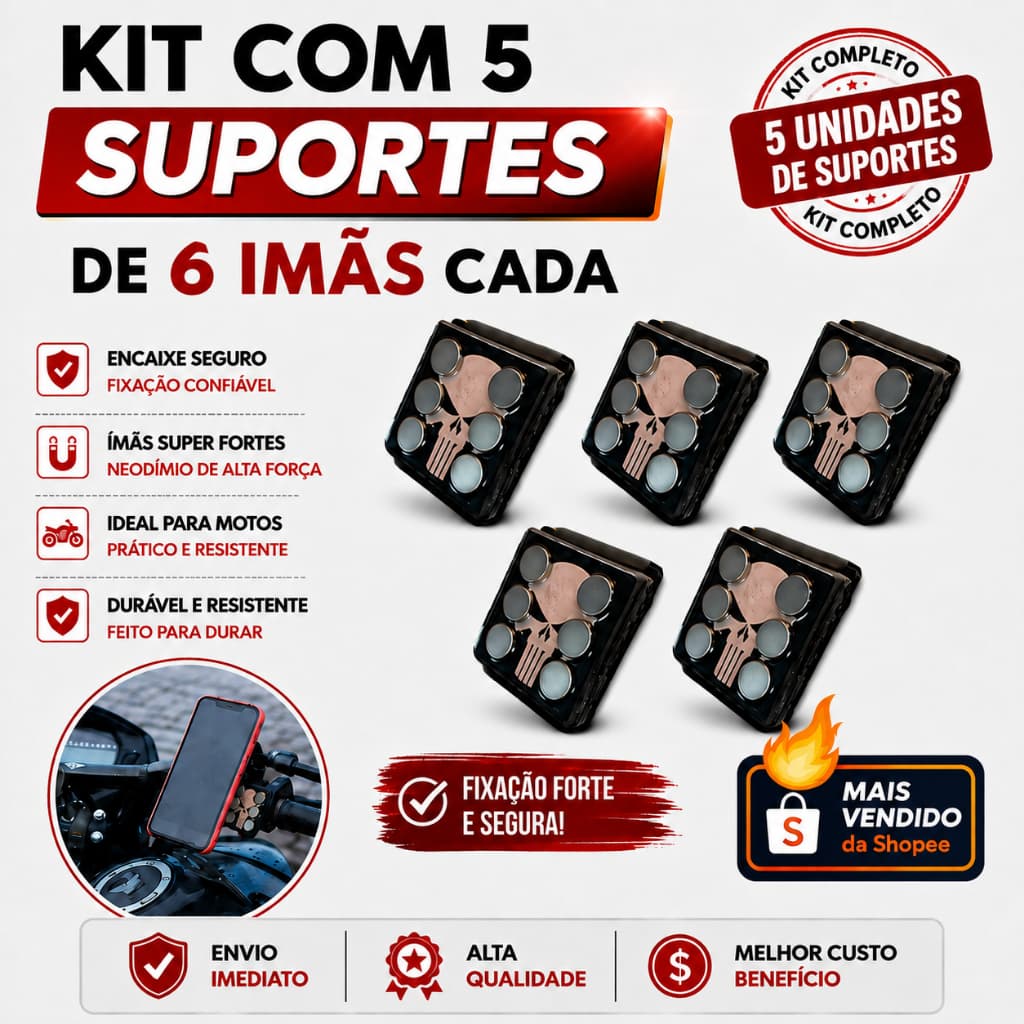 KIT 5 Suportes de Celular para Moto com 6 Imãs