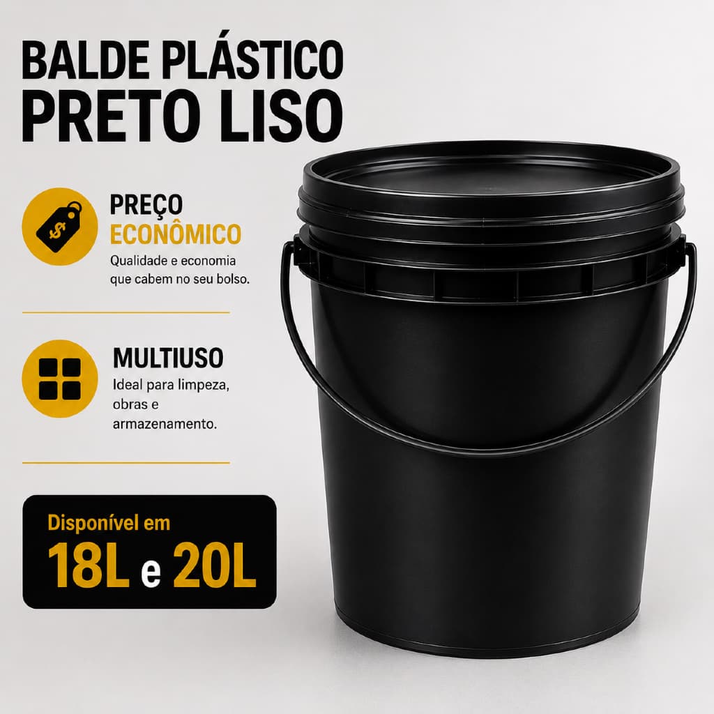 Balde Plástico Preto Liso 18L e 20L com Tampa Alça Plástica Multiuso Econômico