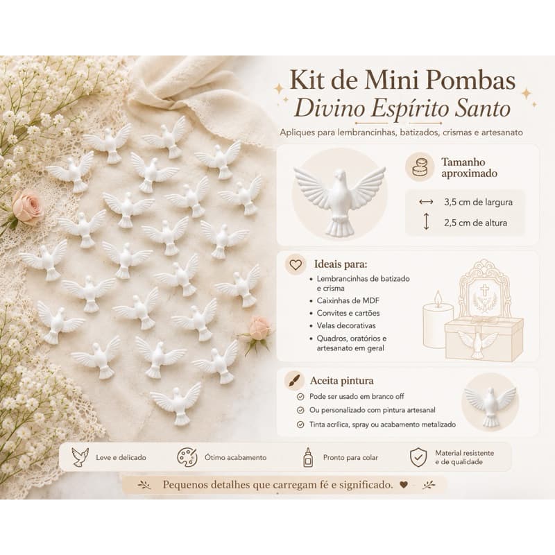 Mini Pombinhas Divino Espírito Santo para Lembrancinhas, Batizado, Crisma e Artesanato